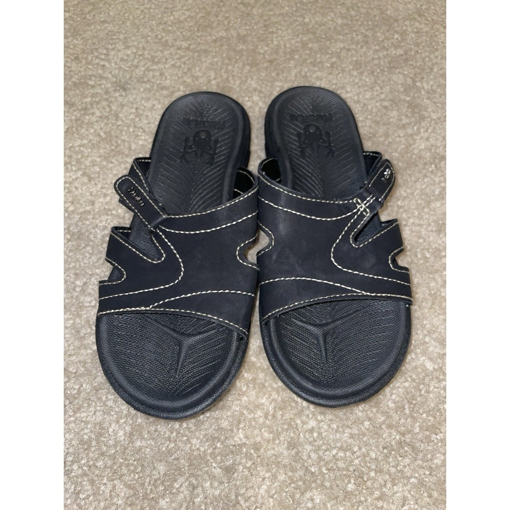 KuaiLu Womens Black Slide Sandals Contrast Stitch Yoga Mat Footbed Size 36 US 6